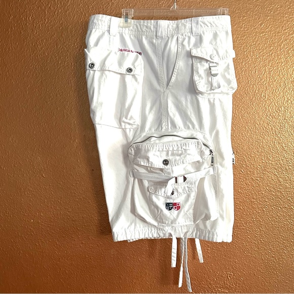 90s Y2K PARISH “SEAS THE DAY” WHITE NAUTICAL CARGO SHORTS. Sz38 - Picture 4 of 10